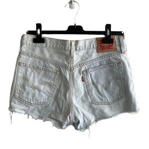 LEVI’S Light Bleached Blue Cut Off Denim Jean Shorts Destruction Patches 28